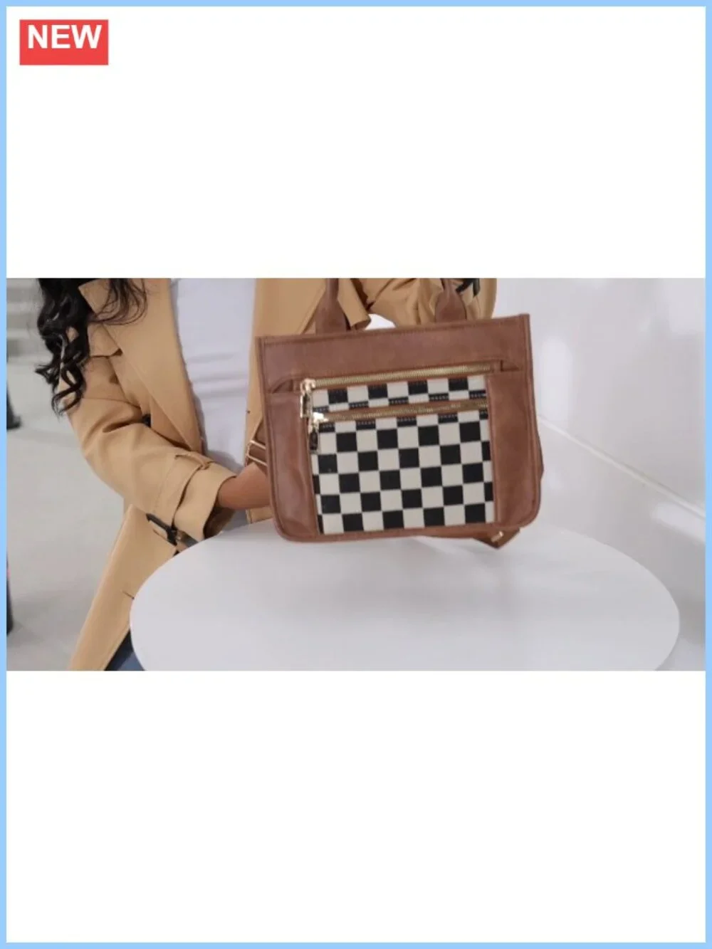 Vegan Leather Checkered Crossbody Bag with Adjustable Strap